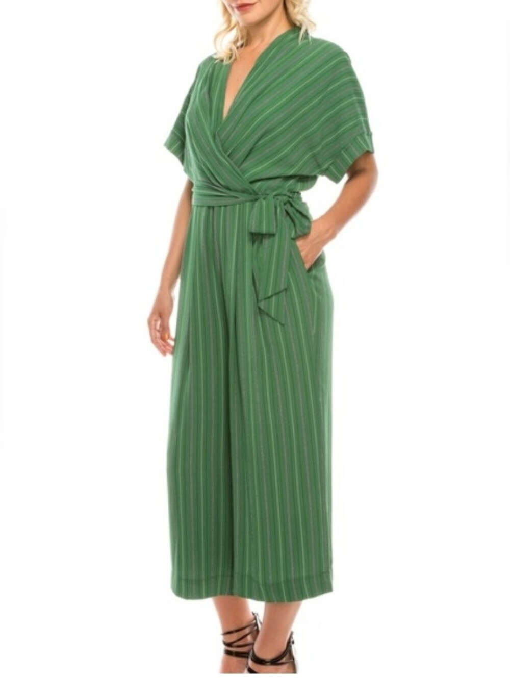 Maggy London Green Striped Wrap Jumpsuit with Tie Waist - Size 14